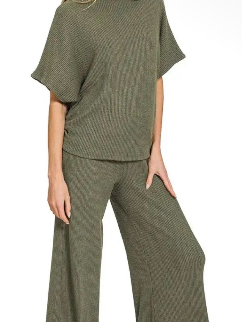 Zenana Olive green Mock neck sweater and Wide-Leg Lounge Pants set